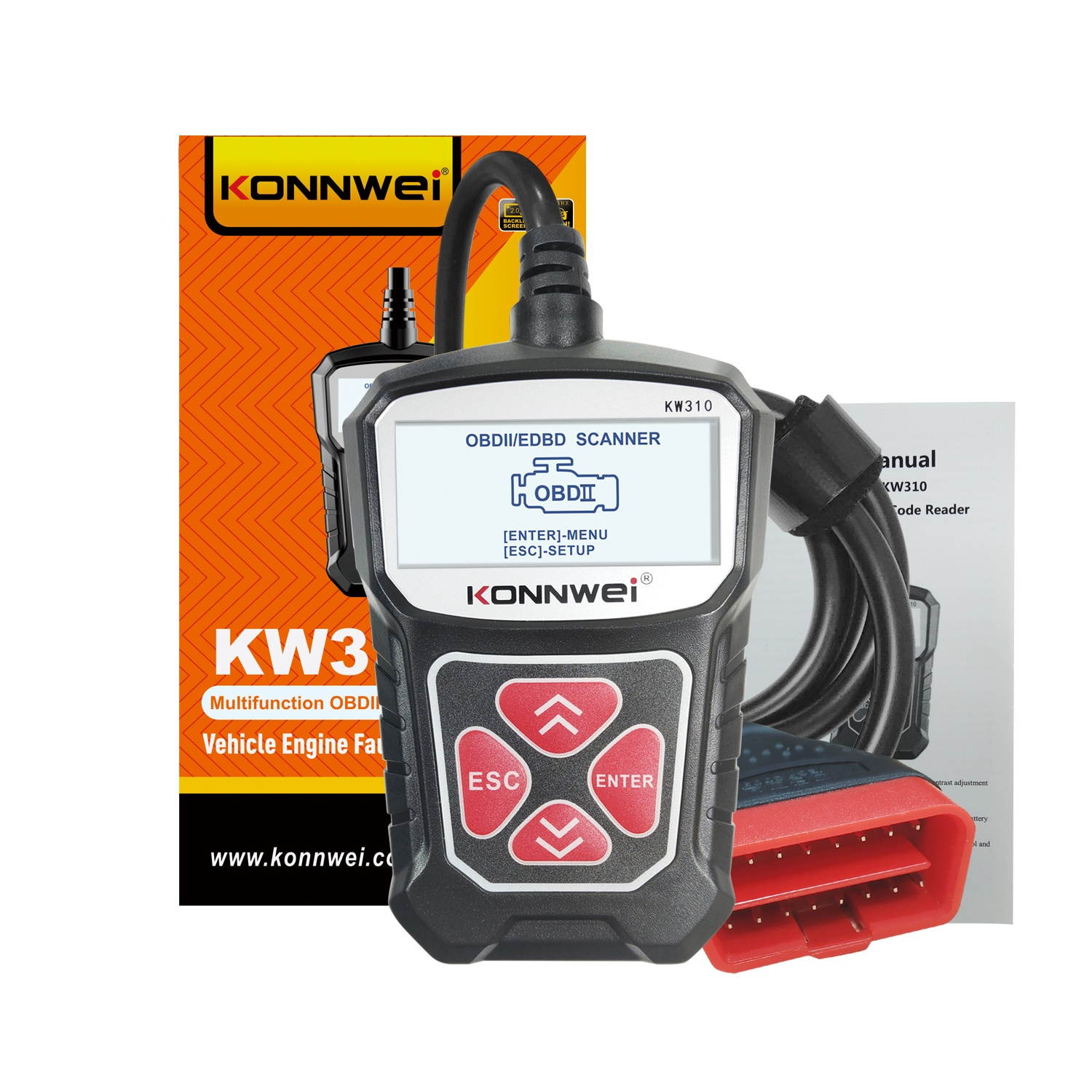 KW310 OBD2 Car Diagnostic Scanner EOBD Scan Tool DTC Engine Code Reader Voltage Test Built-in Speaker Black