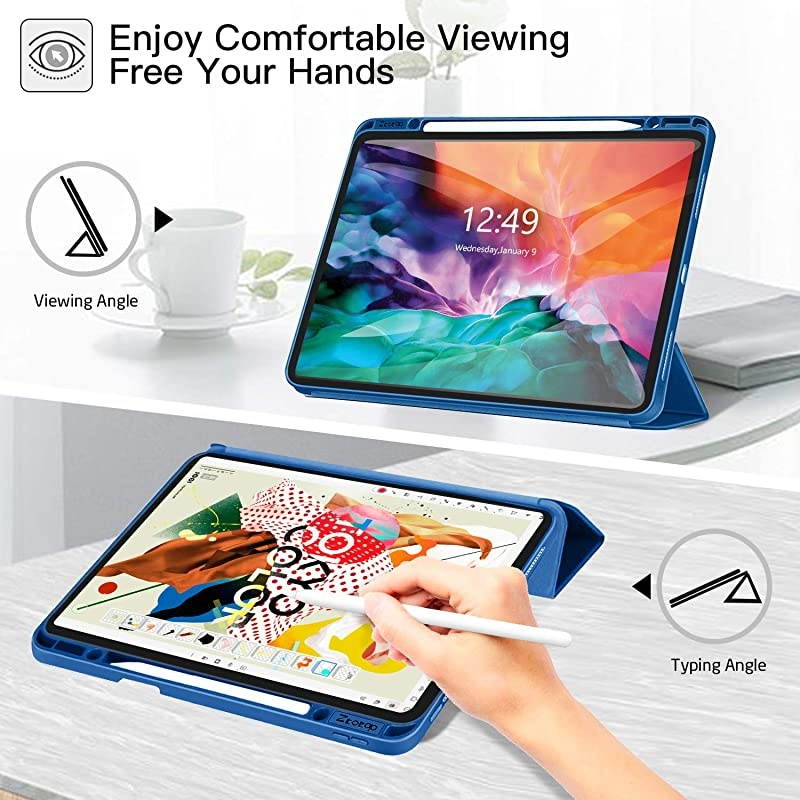 for New iPad Pro 129 Inch 4th 3rd Generation 20202018 with Pencil Holder Full Body Protective Rugged Shockproof Cover with Auto SleepWake Support 2nd Gen Pencil Charging Blue