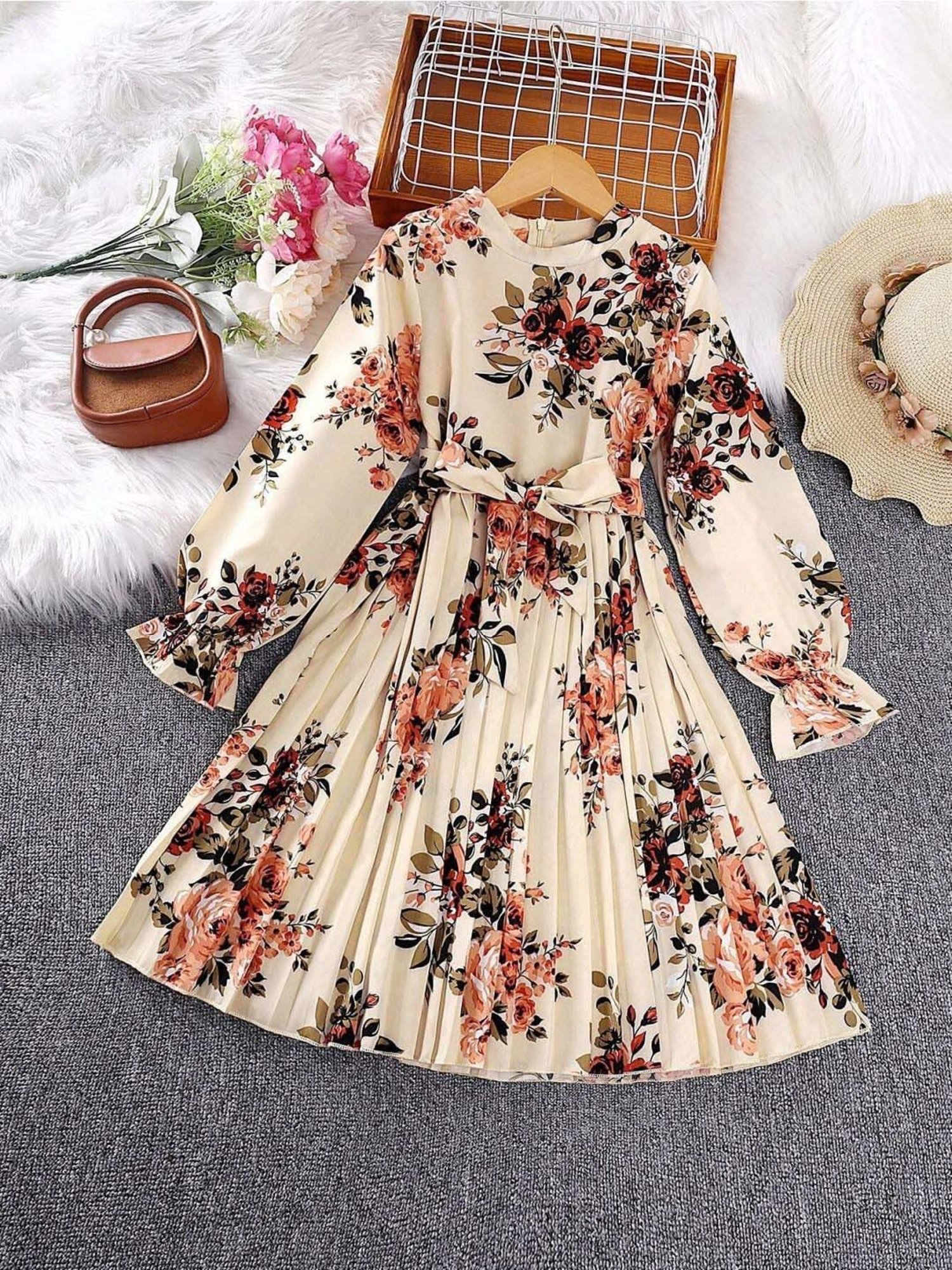 Bolly Lounge Girls Beige & Brown Floral Full Sleeves Dress