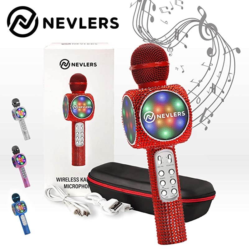 Karaoke Microphone with Wireless Bluetooth Speaker Voice Changer and Colorful LED Lights Easy to Use Portable Karaoke Machine for Kids and Adults RED Bling