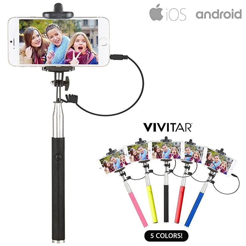 42" Selfie Stick with Built-in Shutter Release and Folding Clamp, Black