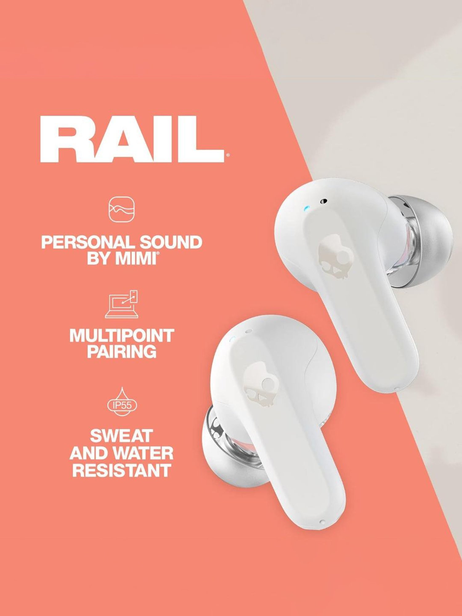 Skullcandy Rail In-Ear BT Earbuds with 42H Battery & Alexa Enabled (Bone Glow Orange, True Wireless)