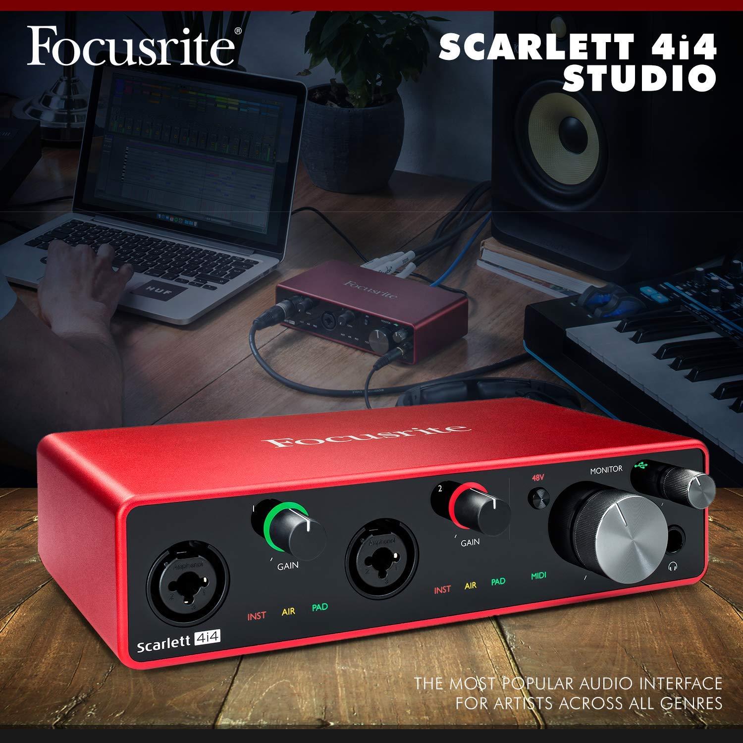 Scarlett 4i4 4-in 4-out USB Audio Interface (3rd Generation) + Xpix SR360 Over-Ear Dynamic Headphones, Cables and Accessories