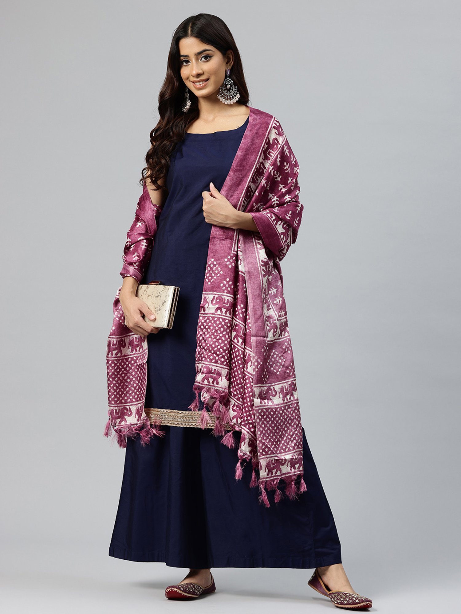 One Femme Magenta Silk Printed Dupatta