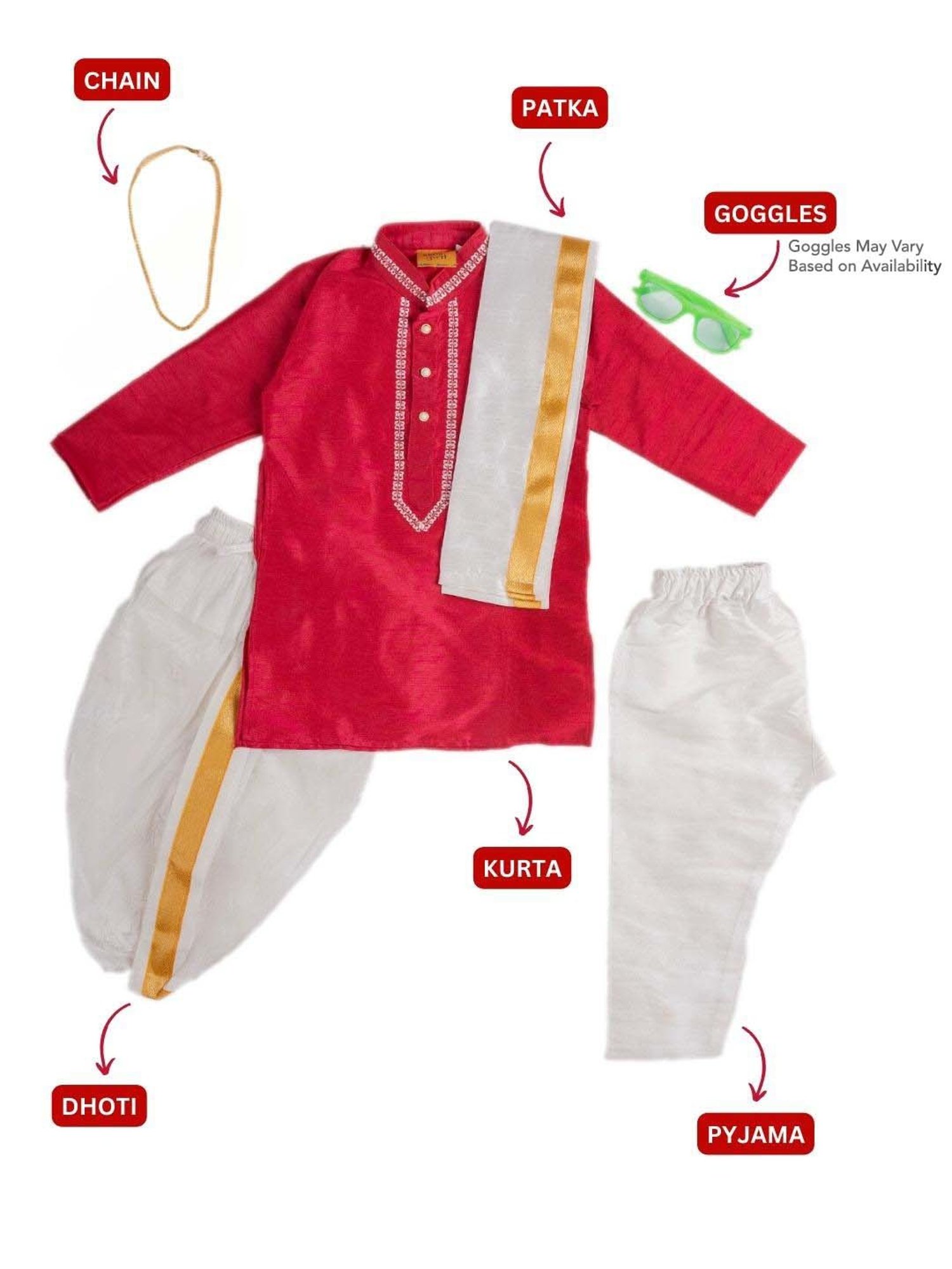 Baby Moo Kids Red & White Regular Fit Full Sleeves Kurta Set