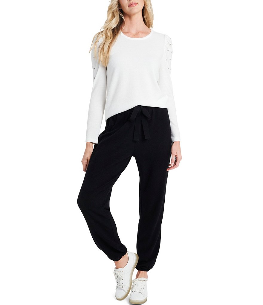 CeCe Long Sleeve Rhinestoned Puff Shoulder Knit Top