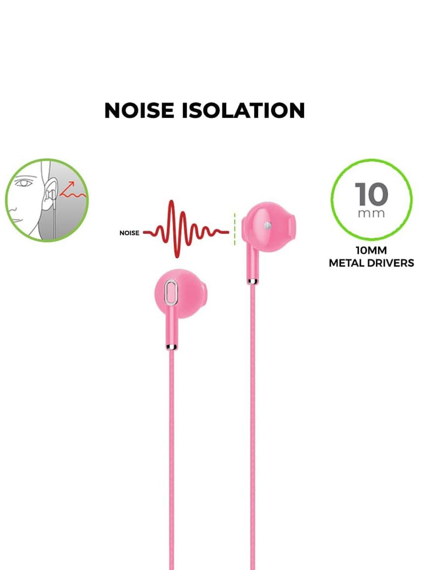 ULTRAPROLINK Pastels UM1130 Noise Isolation Hands Free Earphones with Mic (Pink)