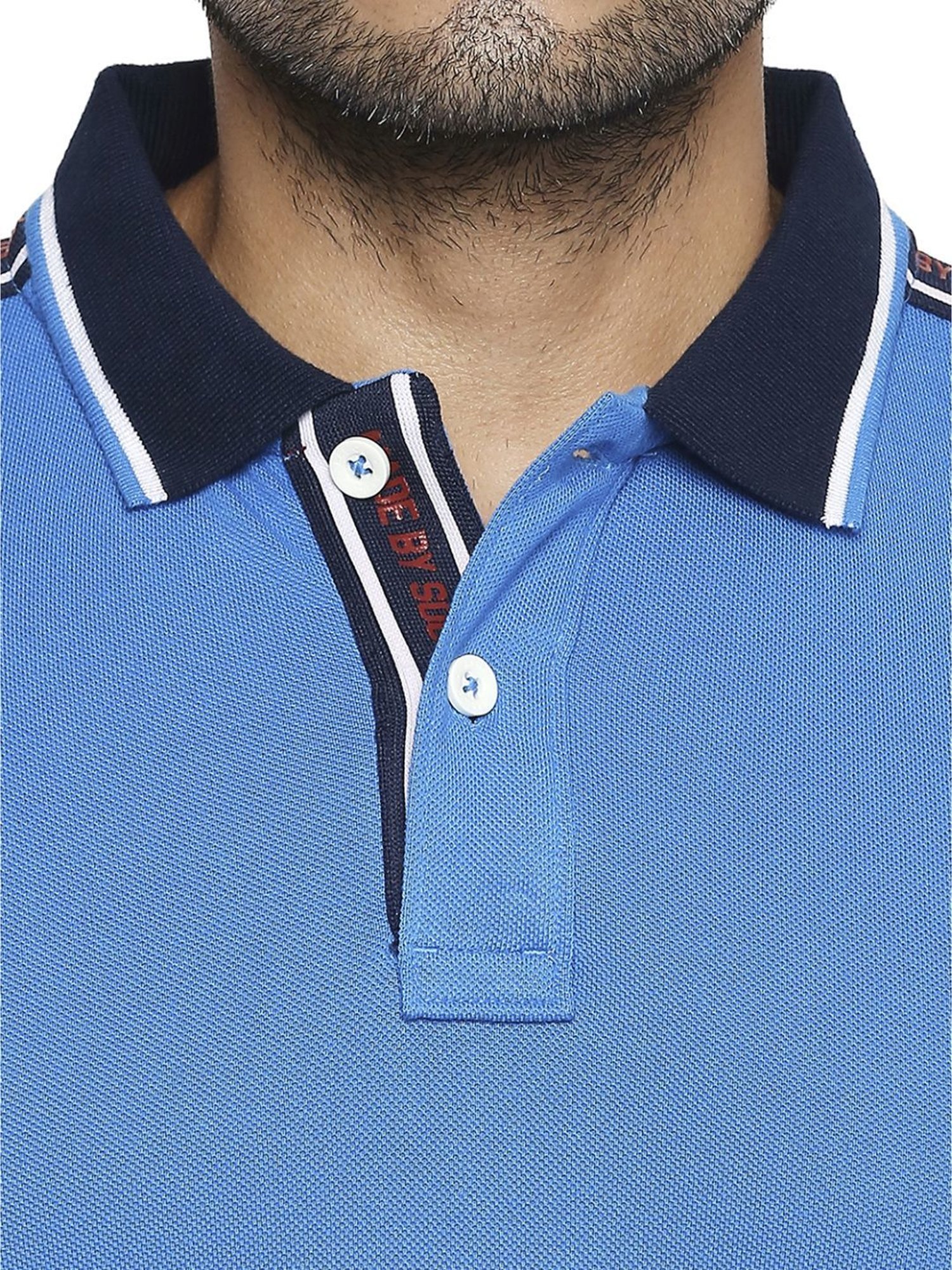 Basics Blue Slim Fit Striped Polo T-Shirt