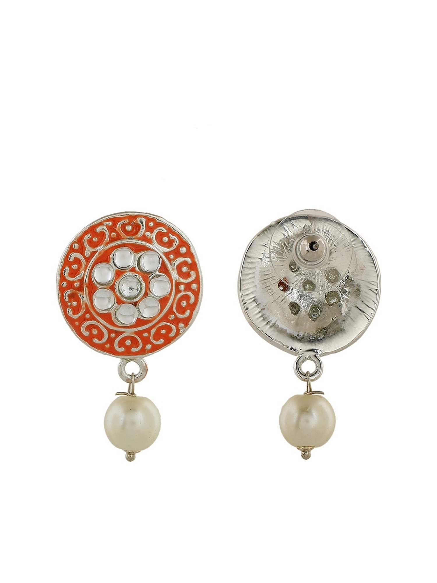 Estele Rhodium-Plated Stunning Meenakari Pearl Drop Earrings