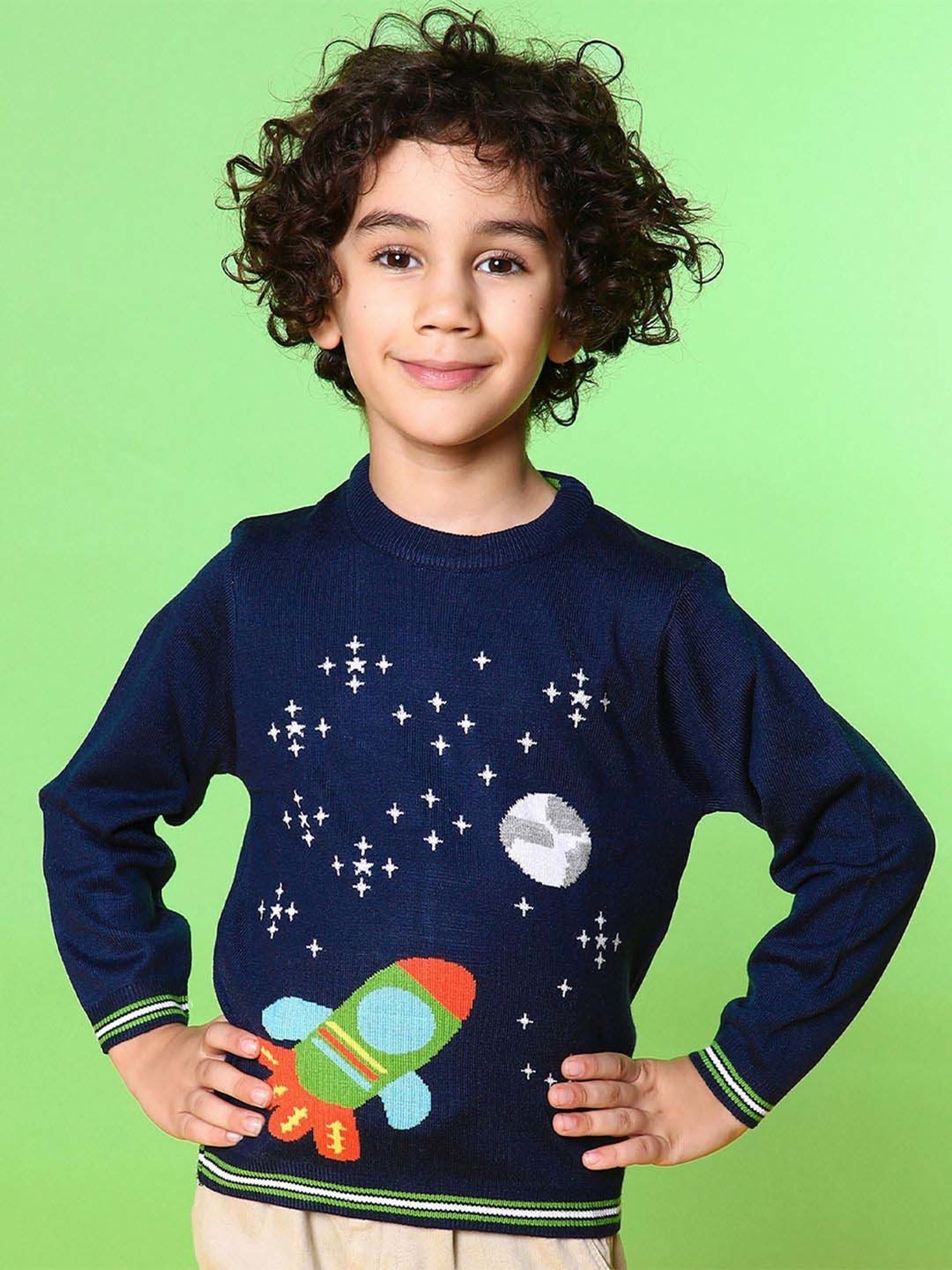 Nauti Nati Kids Navy Printed Full Sleeves Sweater