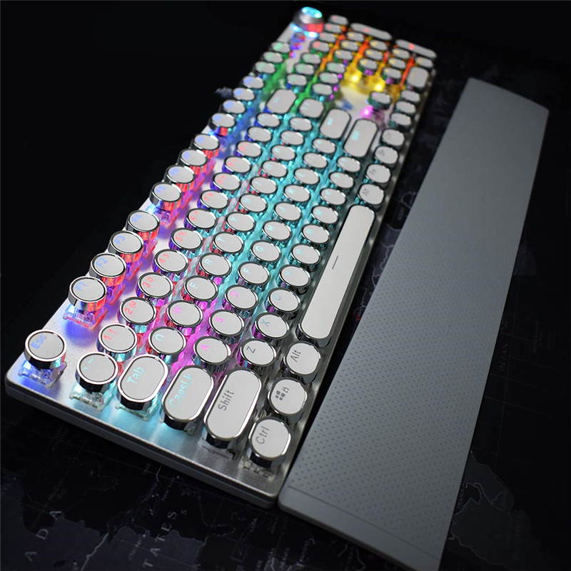 AULA F2088 Mechanical Gaming Keyboard with Detachable Wrist Rest/Media Knob/Metal Panel/LED Rainbow Backlit, 104 Keys Anti-ghosting Programmable USB Wired PC Games Keyboards - White/Silver