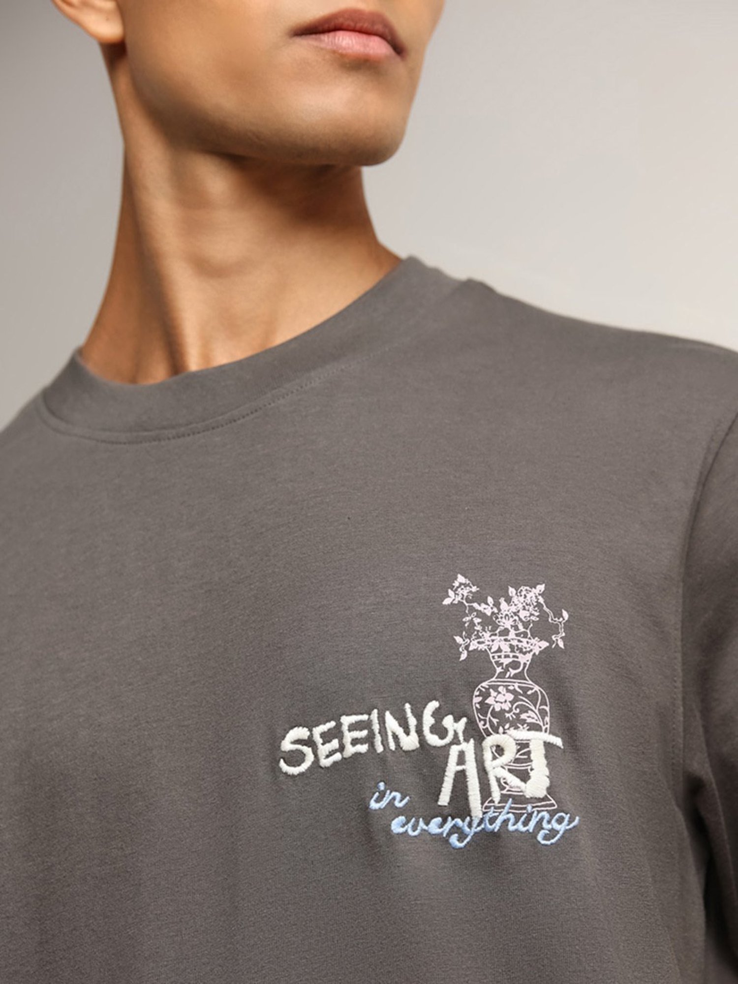 Nuon by Westside Grey Text Printed Slim Fit T-Shirt