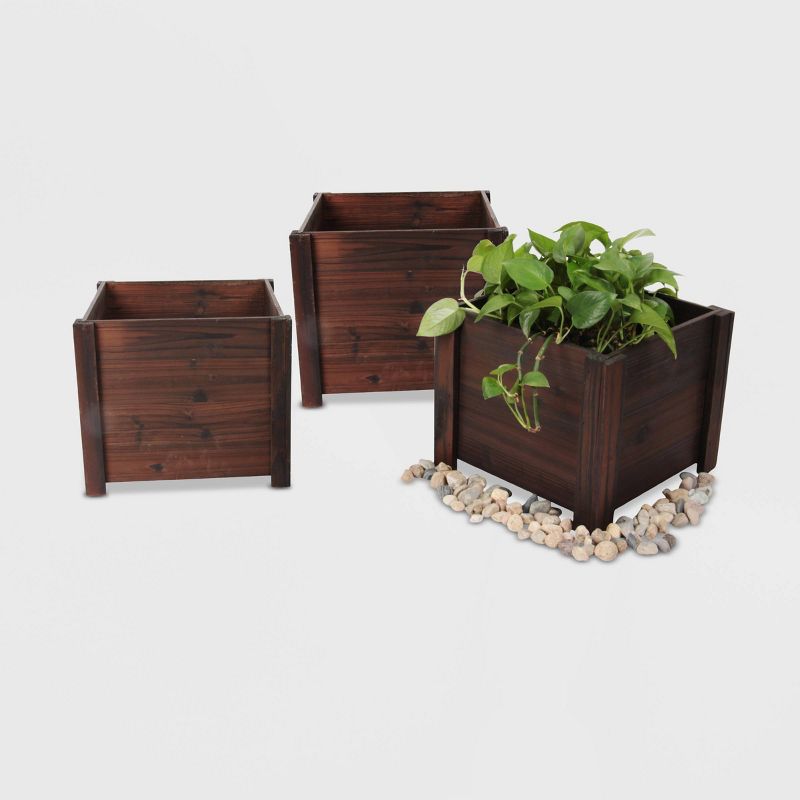 3pc Medium Square Wooden Planters Brown - Leisure Season