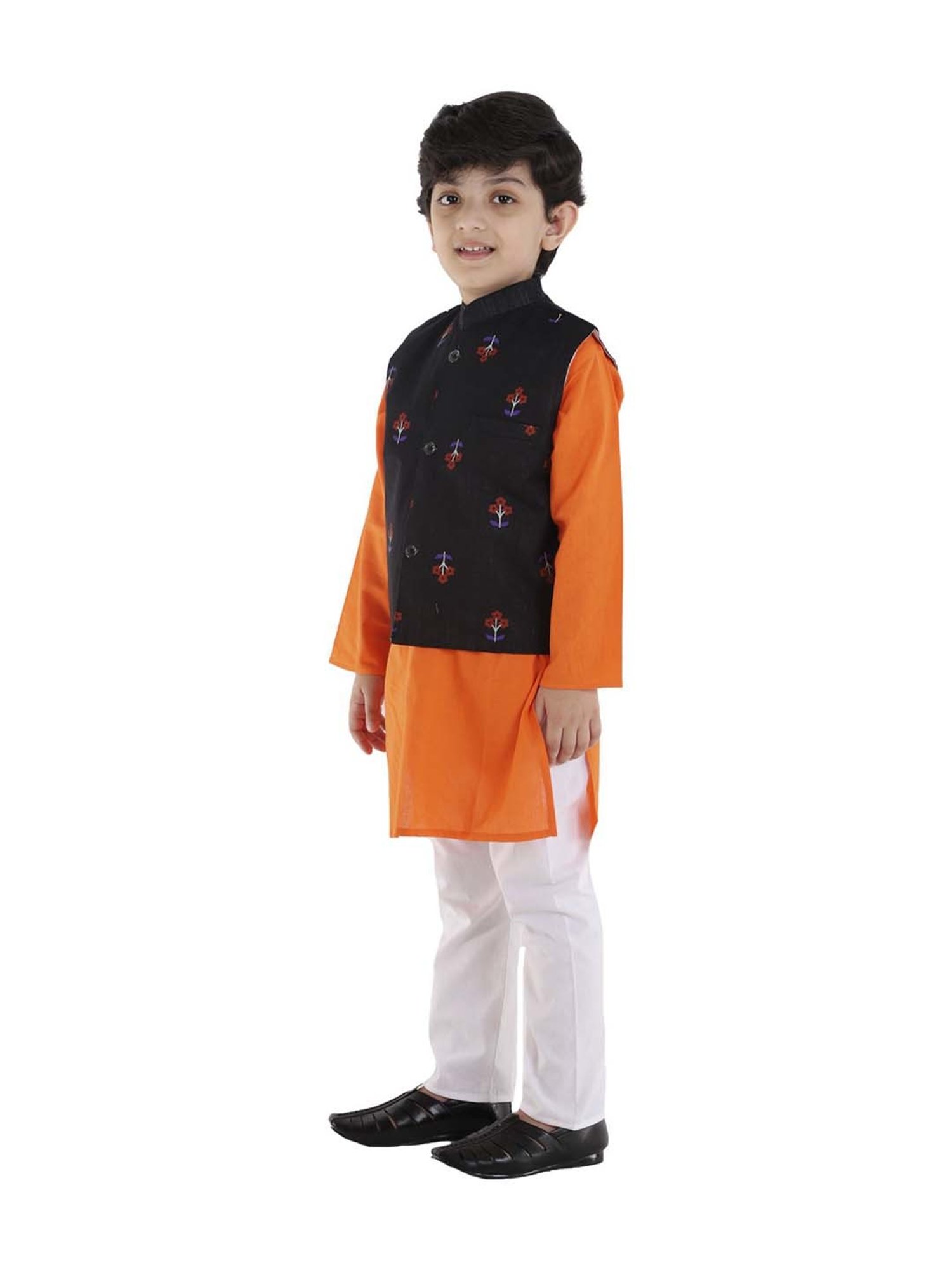 Ahhaaaa Kids Blue & Orange Cotton Floral Print Kurta Set