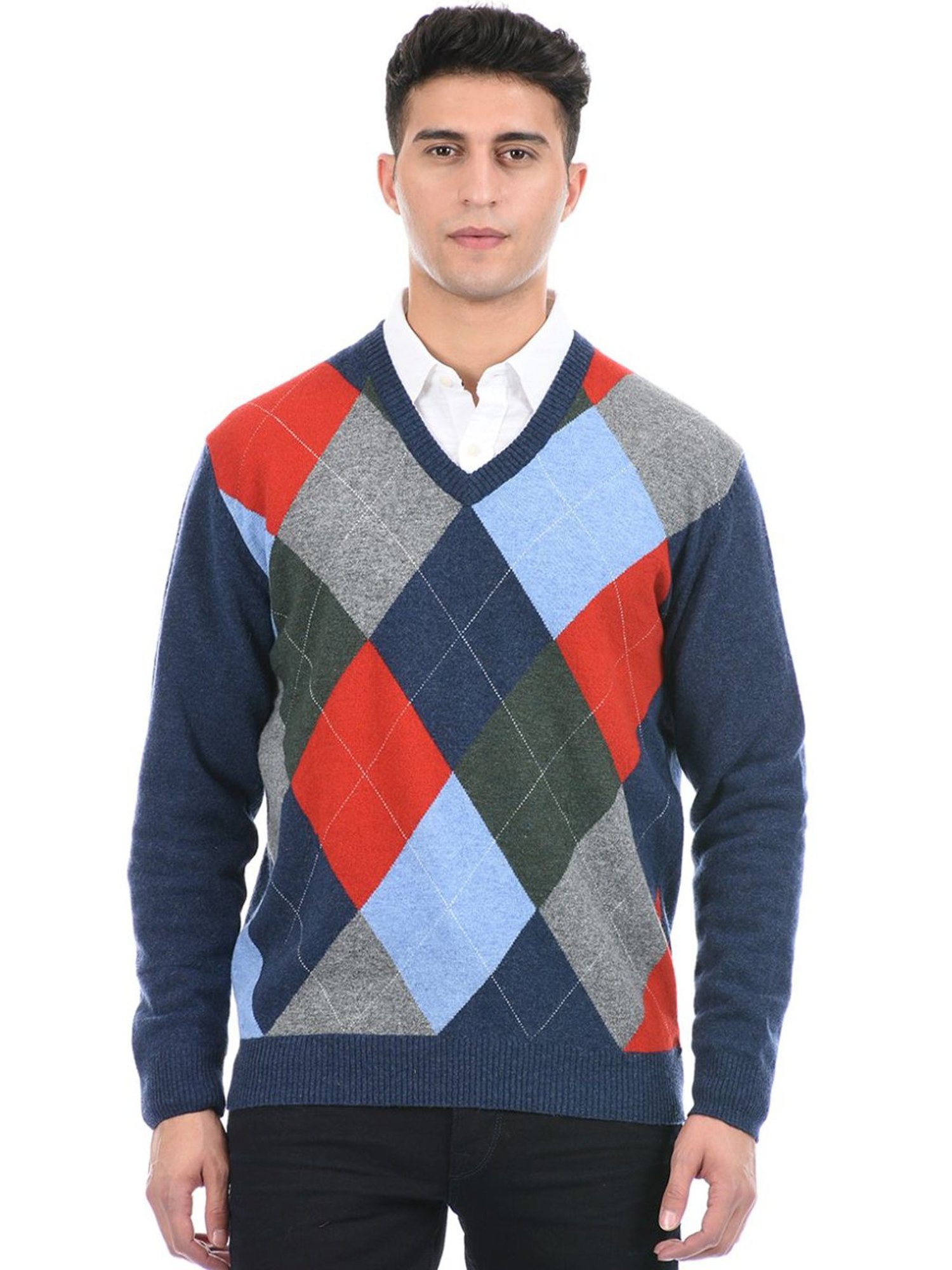 London Fog Blue Regular Fit Self Pattern Sweater