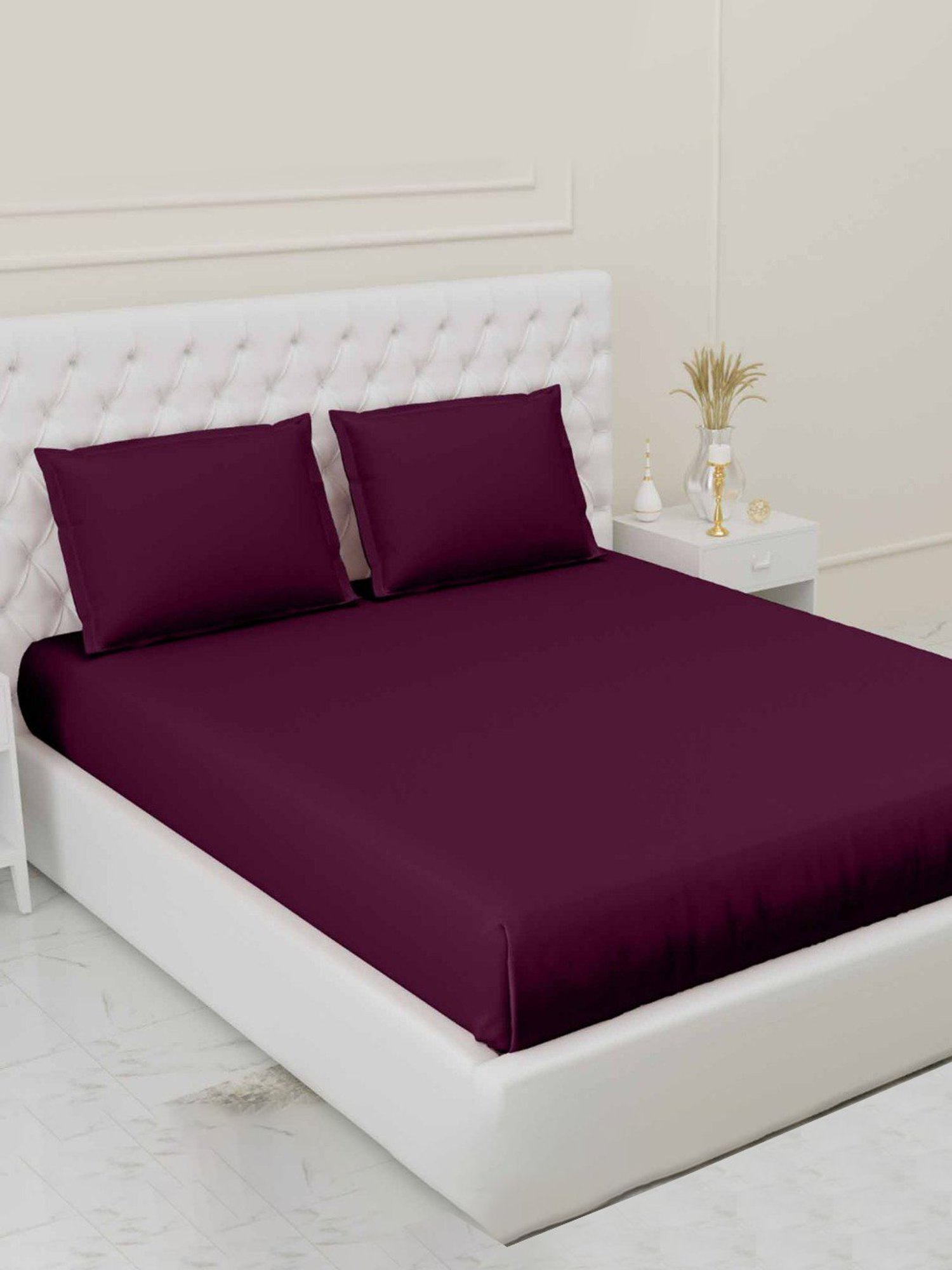 Haus & Kinder Solid Wine 300 TC Cotton Bed Sheet with 1 Pillow Cover
