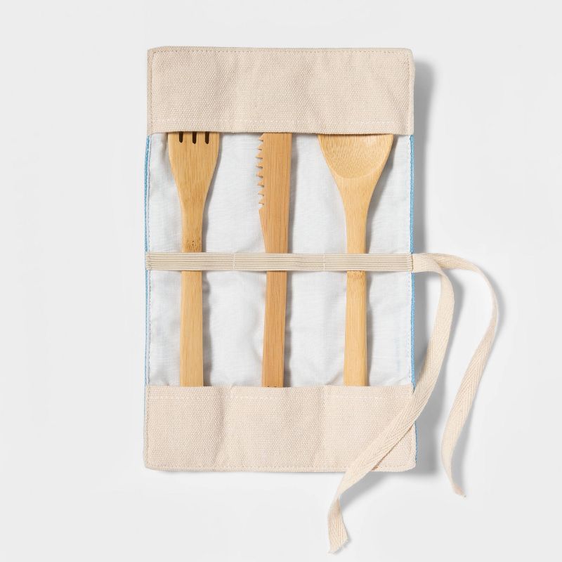 3pc Bamboo Utensil Set with Bag Blue/Cream Stripe - Opalhouse™