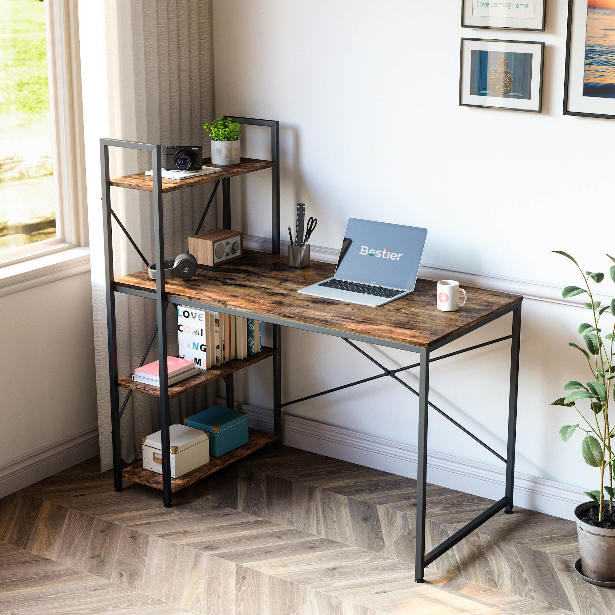 Bestier 63 Inch Computer Desk with Storage Shelves, Modern Bookshelf Desk with Headphone Hook Large Workstation Writing Desk with Reversible Bookshelves Home Office Work Table Study Desk Grey