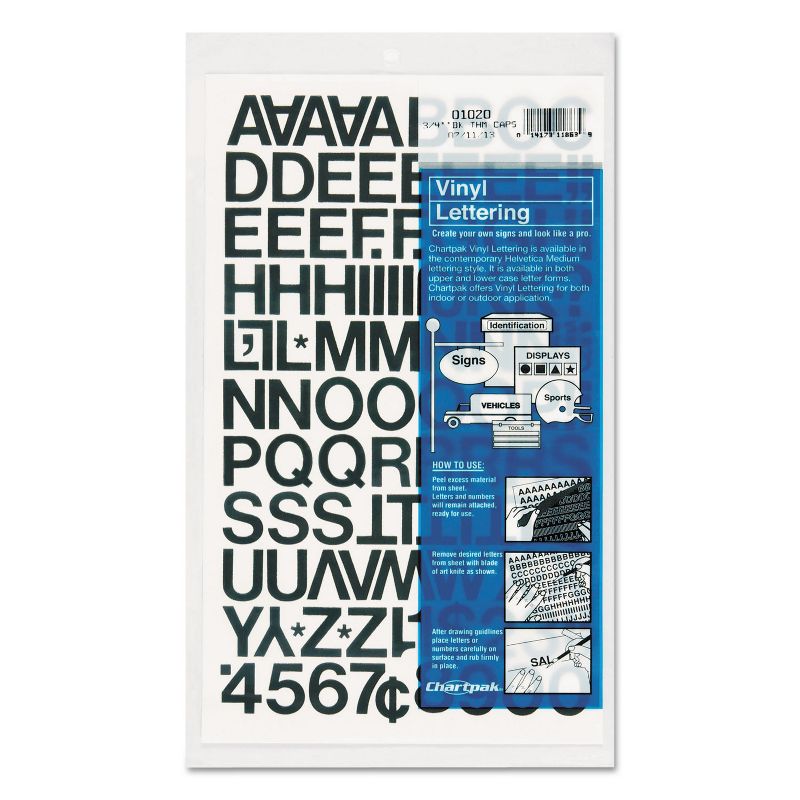 Chartpak Press-On Vinyl Letters & Numbers Self Adhesive Black 3/4"h 94/Pack 01020