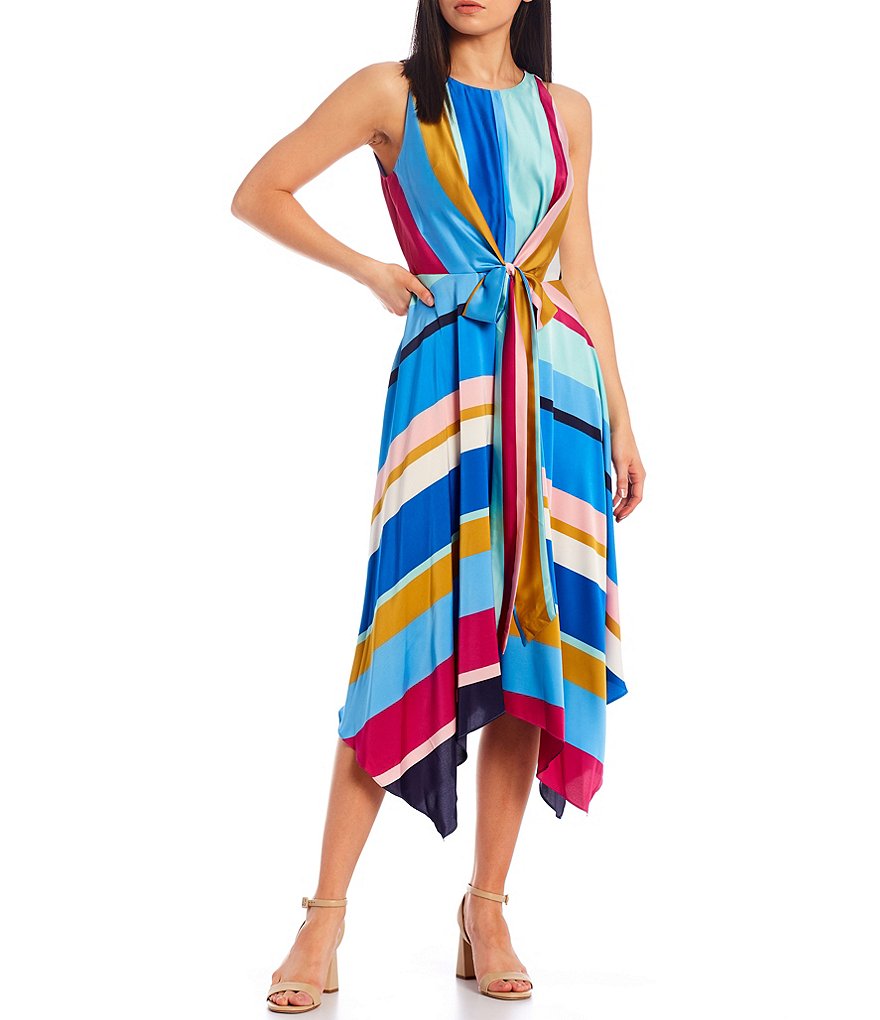 Maggy London Mixed Stripe Tie Waist Handkerchief Hem Midi Dress