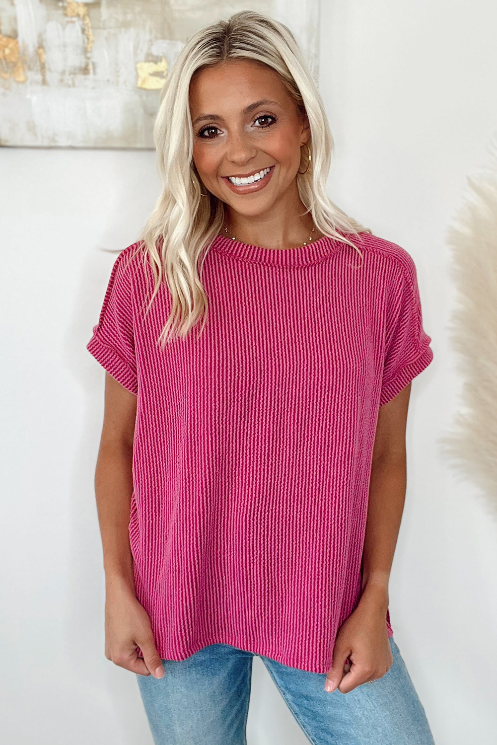 Rose Red Crinkle Rib Textured Knit Round Neck T Shirt