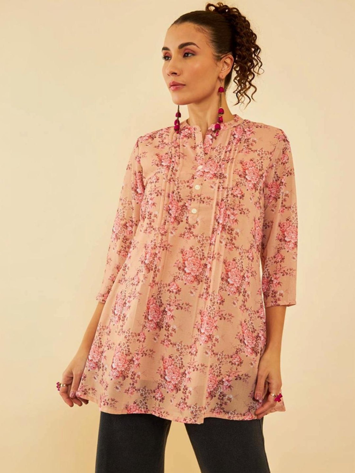 Soch Beige Georgette Floral Printed Mandarin Collar A-Line Tunic