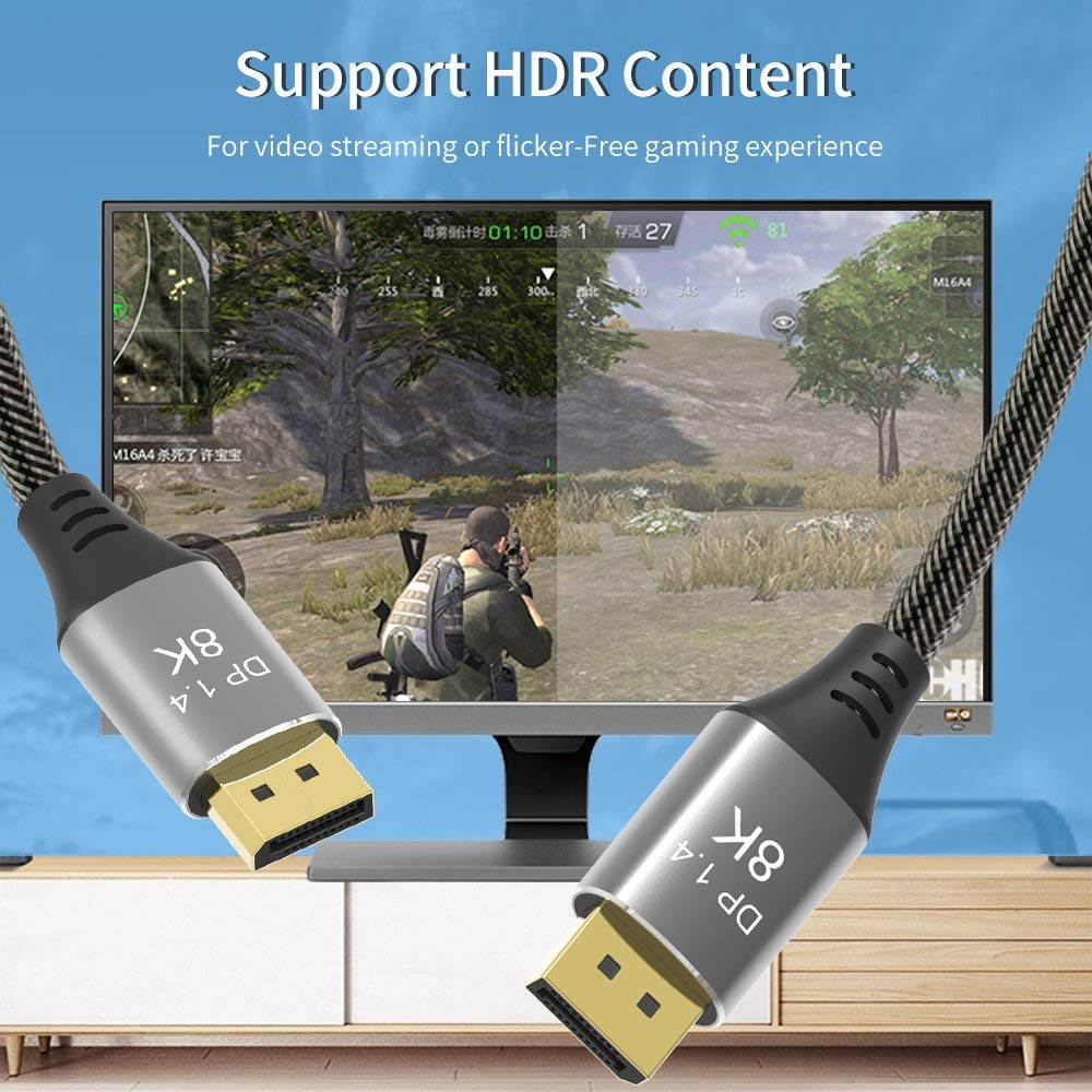 CABLEDECONN DisplayPort Cable Ultra HD 8K 4K Copper Cord DP 1.4 HBR3 8K@60Hz 4K@144Hz High Speed 32.4Gbps HDCP 3D Slim and Flexible DP to DP Cable 1M 3.3FT