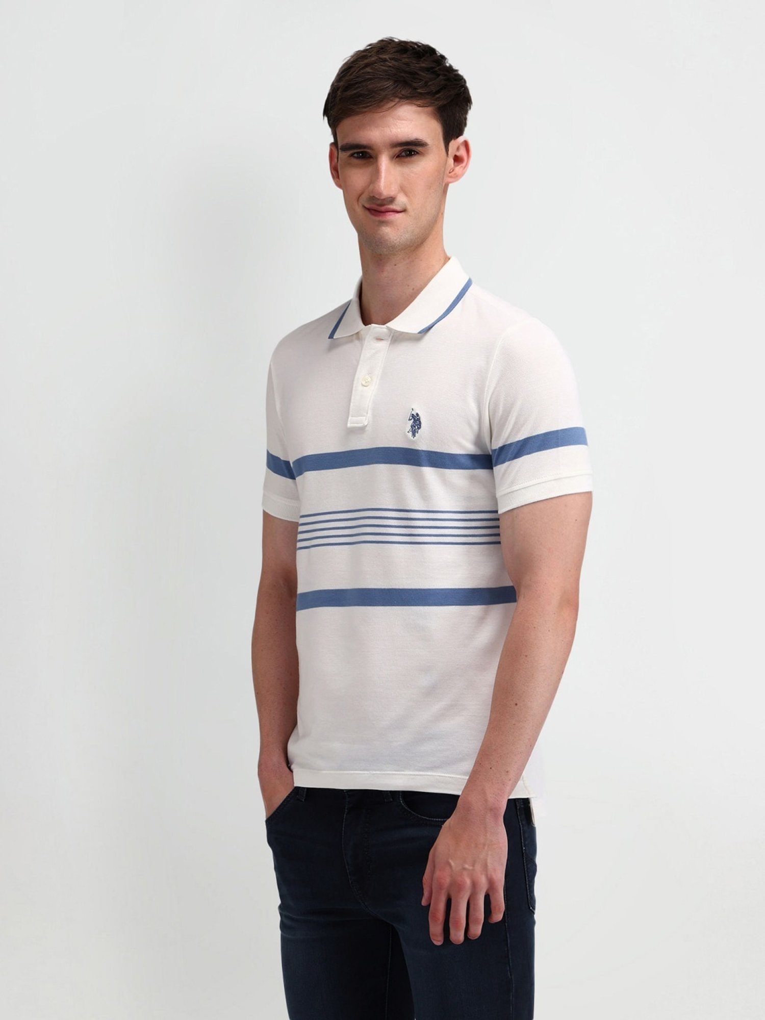 U.S. Polo Assn. White Cotton Slim Fit Striped Polo T-Shirt