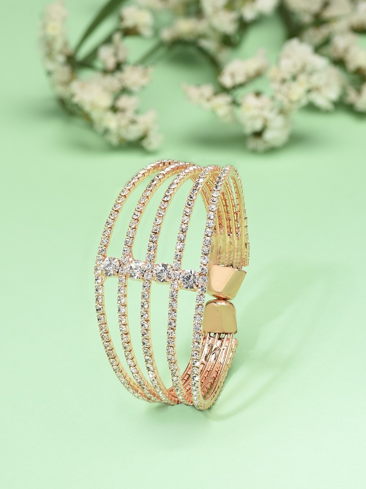 Zaveri Pearls Rose Gold Dazzling Austrian Diamonds Embellished Party Bling Cuff Bracelet-ZPFK12103