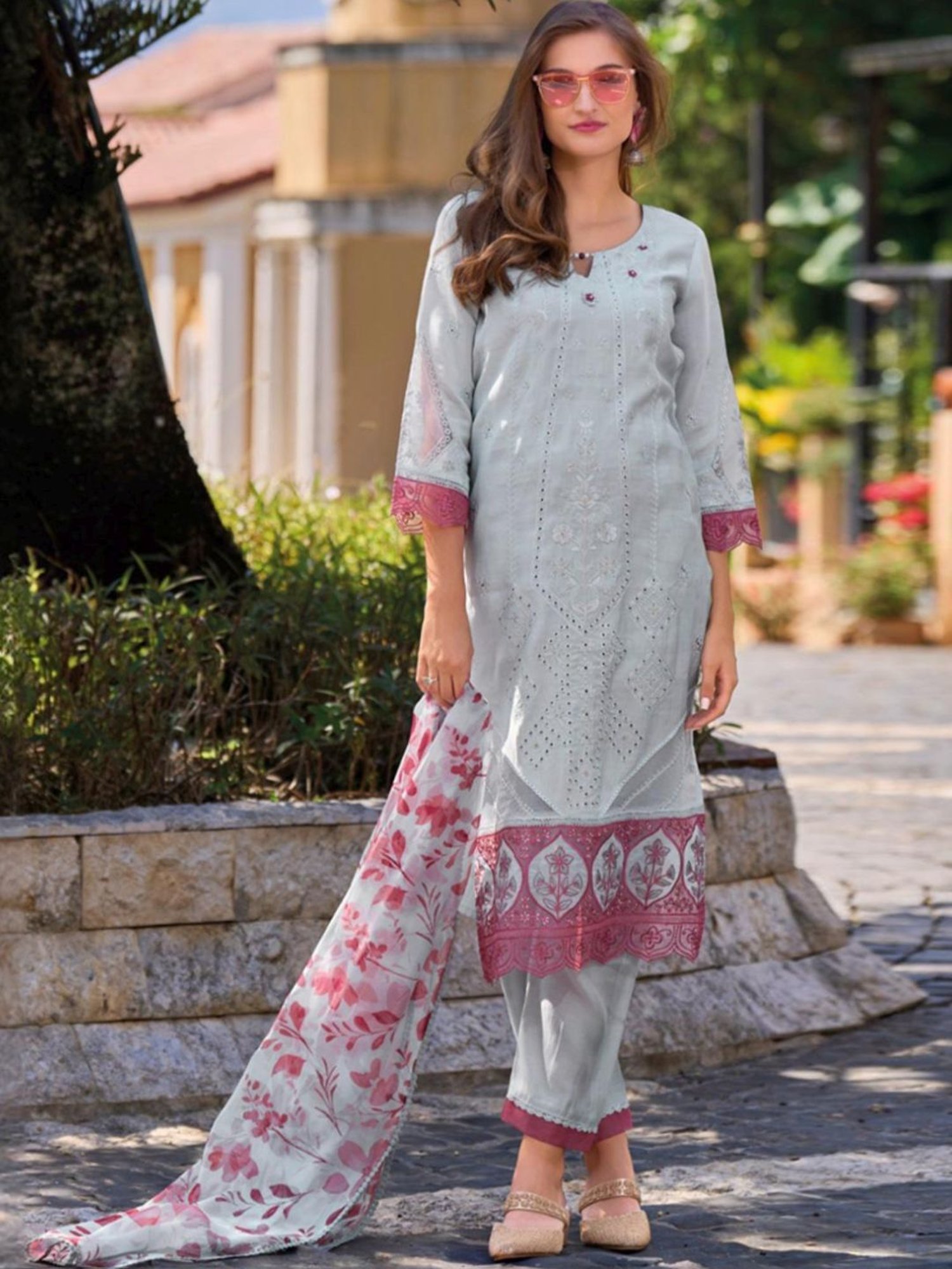 Autumnlane Lamhe Softblue Full Embroidered Schiffli Kurta with Pant and Dupatta