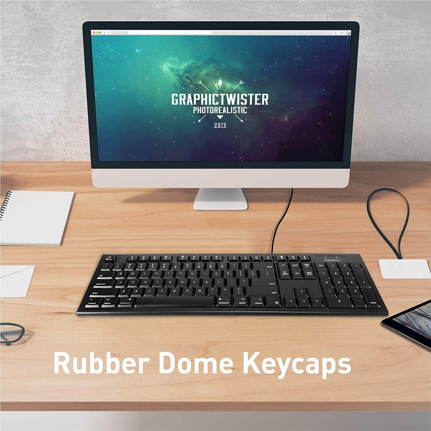 Macally Full Size Mac Wired Keyboard - Compatible with All Macs with USB Port - Durable Mac Keyboard with Number Pad & 16 Apple Shortcut Keys - Rubber Keycaps & Spill Proof - QKEYB (Black)