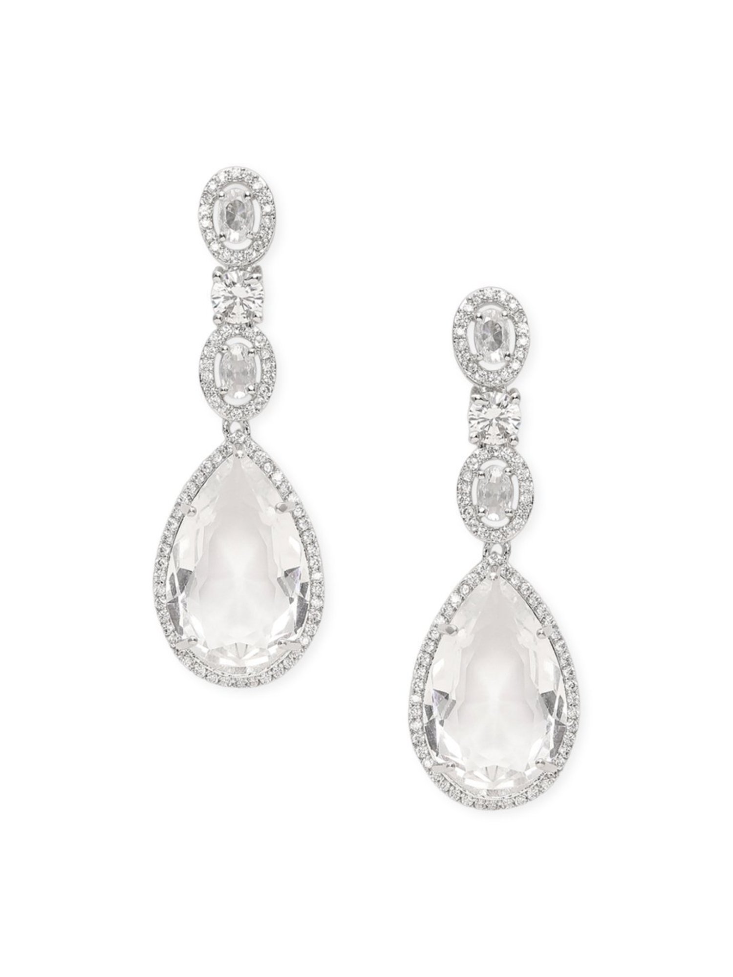 OOMPH Silver Tone American Diamond TearDrop Pendant Necklace Set with Earrings