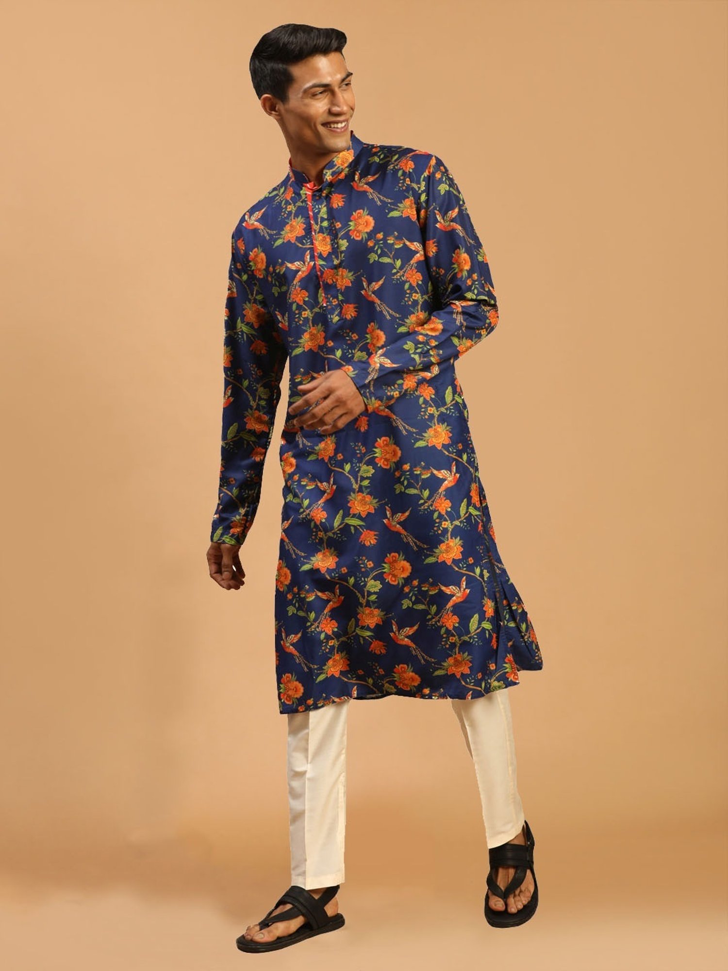 Vastramay Navy Blue And Cream Regular Fit Printed Kurta Bottom Set