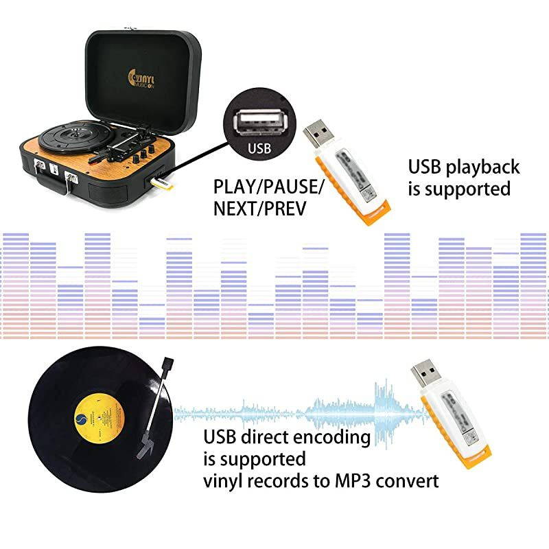 Bluetooth Record Player with Stereo Speakers3 Speed Briefcase Turntable with PlayampEncoding Pitch Control and RCA OutputampAux InputBlack