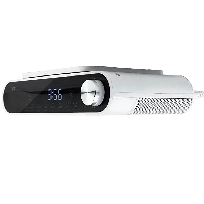 Bluetooth Under The Cabinet Universal Wireless Music System, Kitchen Clock Radio, FM Radio, Digital Clock, Hands Free Speakerphone, LED Work Surface Lighting - White (TKS2-WH)