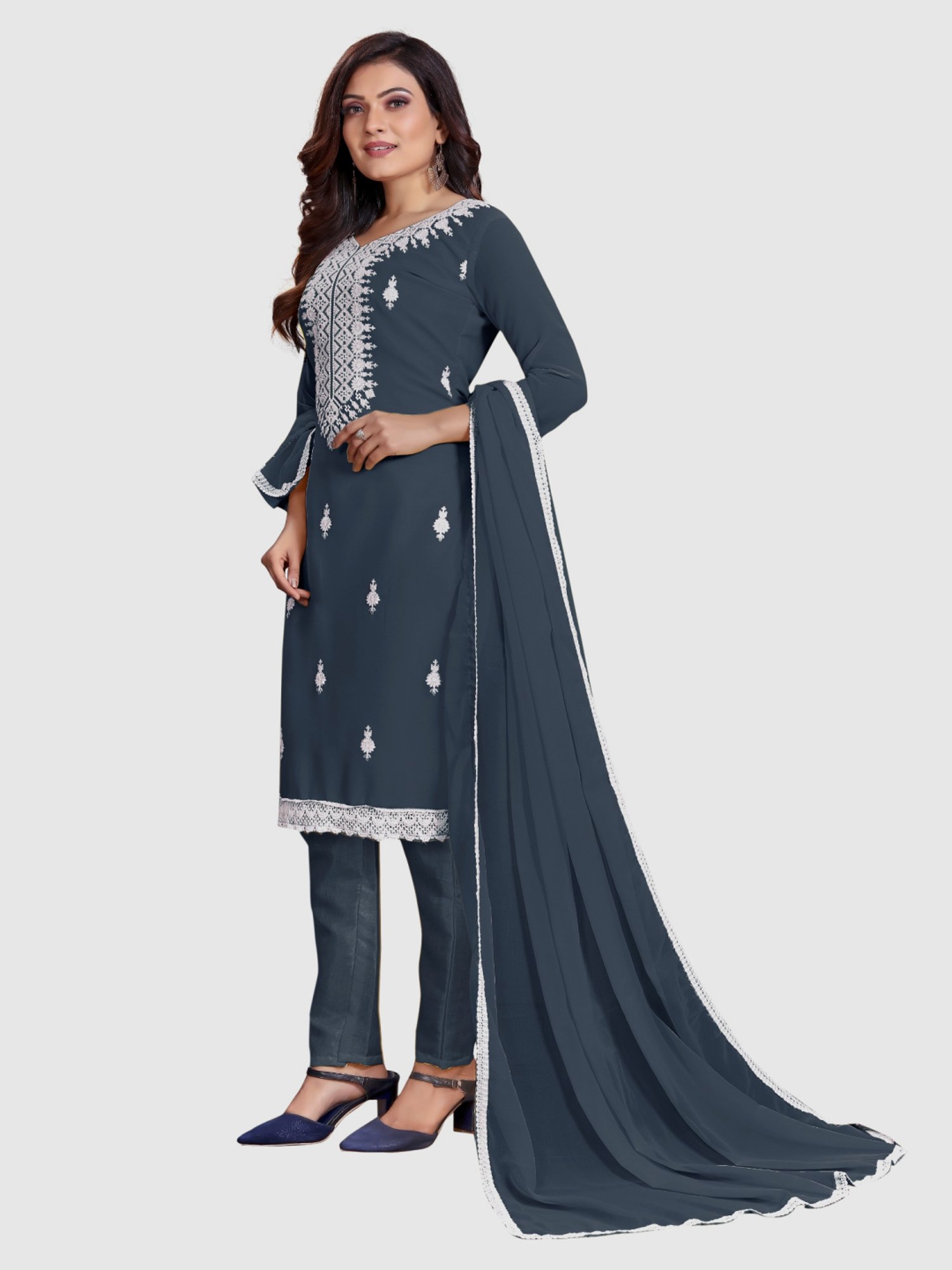 APNISHA Bluish Grey Embroidered Unstitched Dress Material