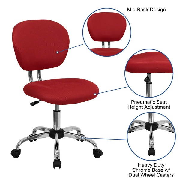 Mid-Back Red Mesh Padded Swivel Task Chair with Chrome Base