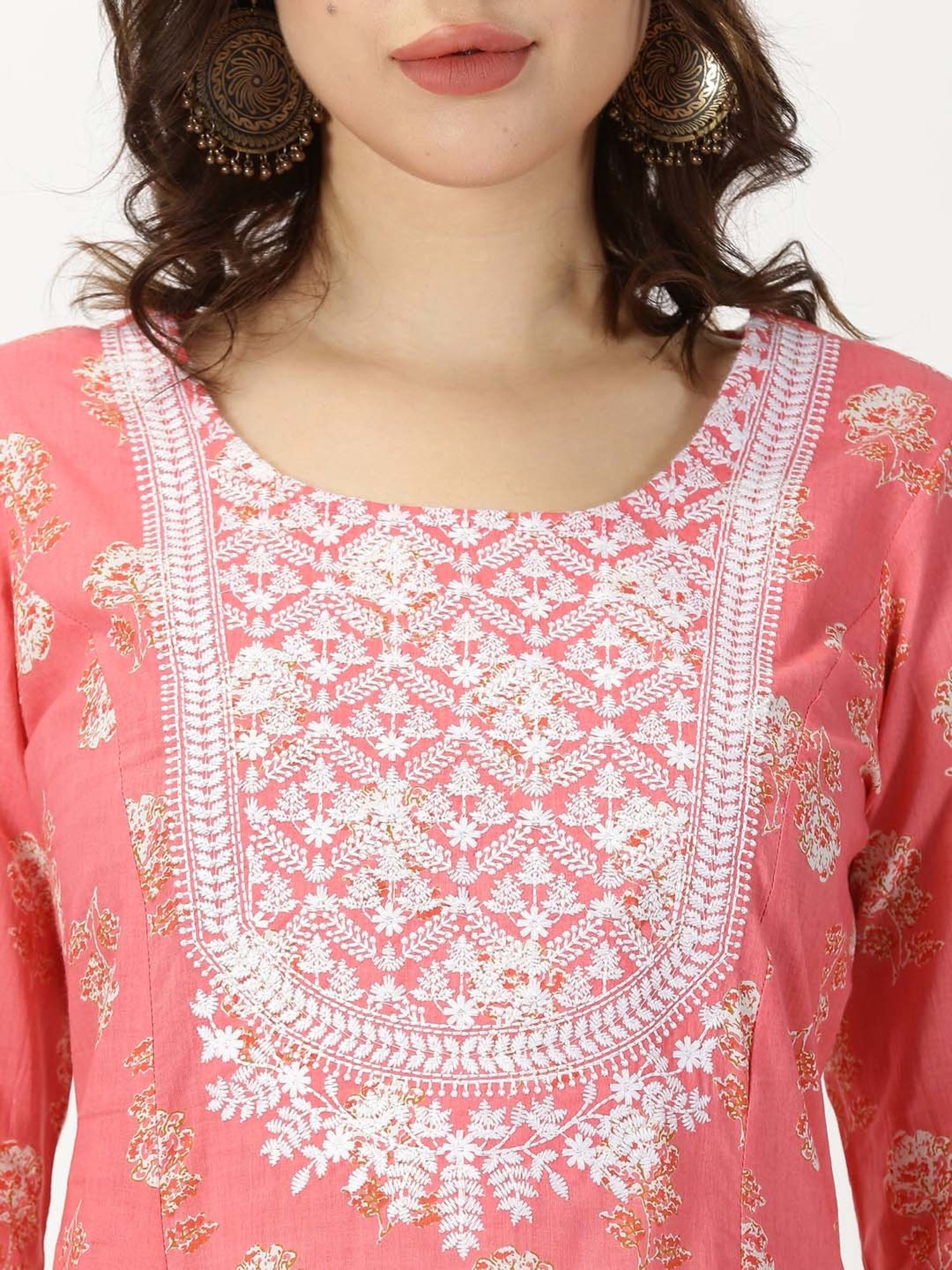 Saffron Threads Coral Floral Print A Line Kurta