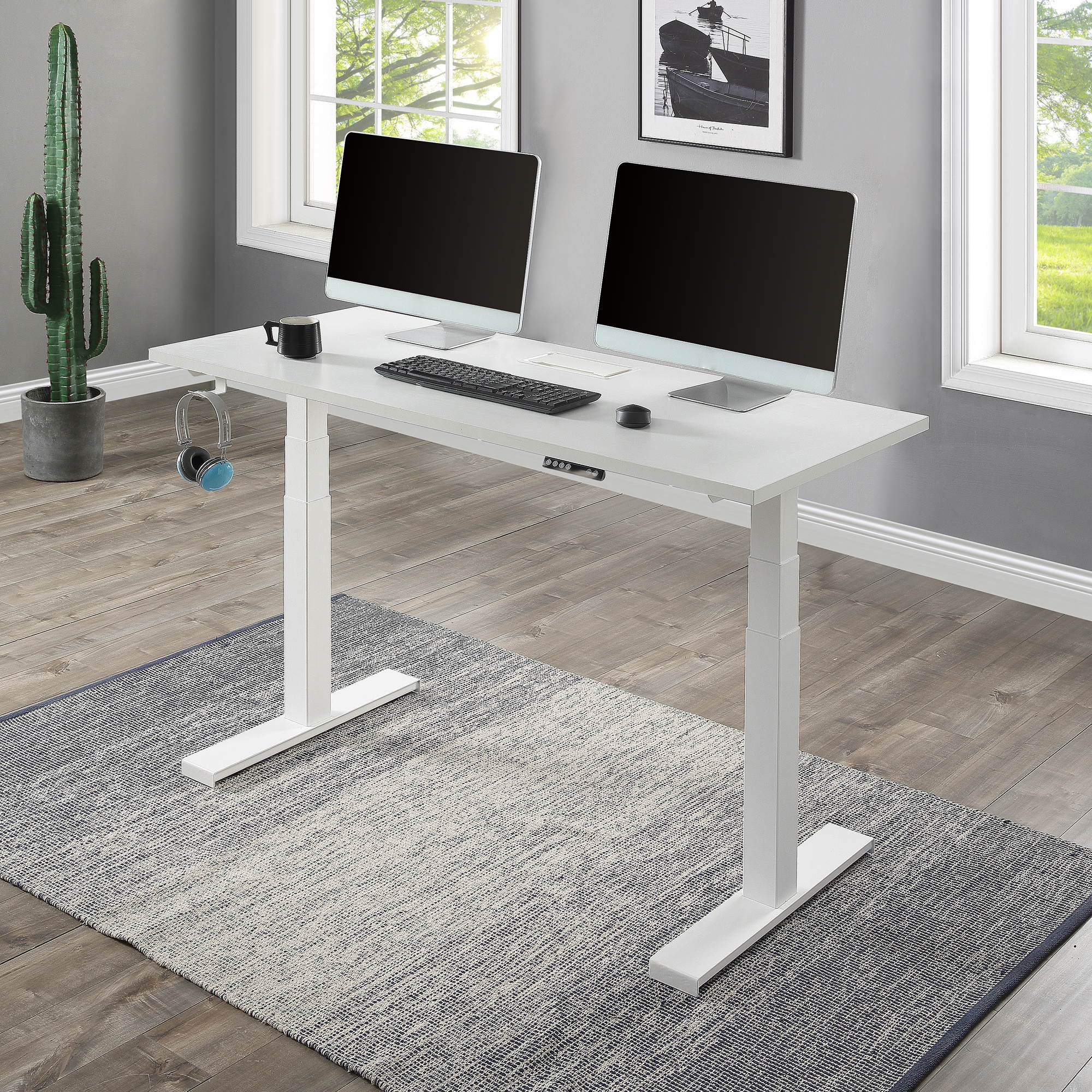 Home Office Desk, SEGMART Computer Gaming Desk, Height Adjustable Electric Standing Desk, Electric Standing Desk Tabletop with Headphone Hook, Stand Up Table for Home Office, 59" x 23.6", White, R031
