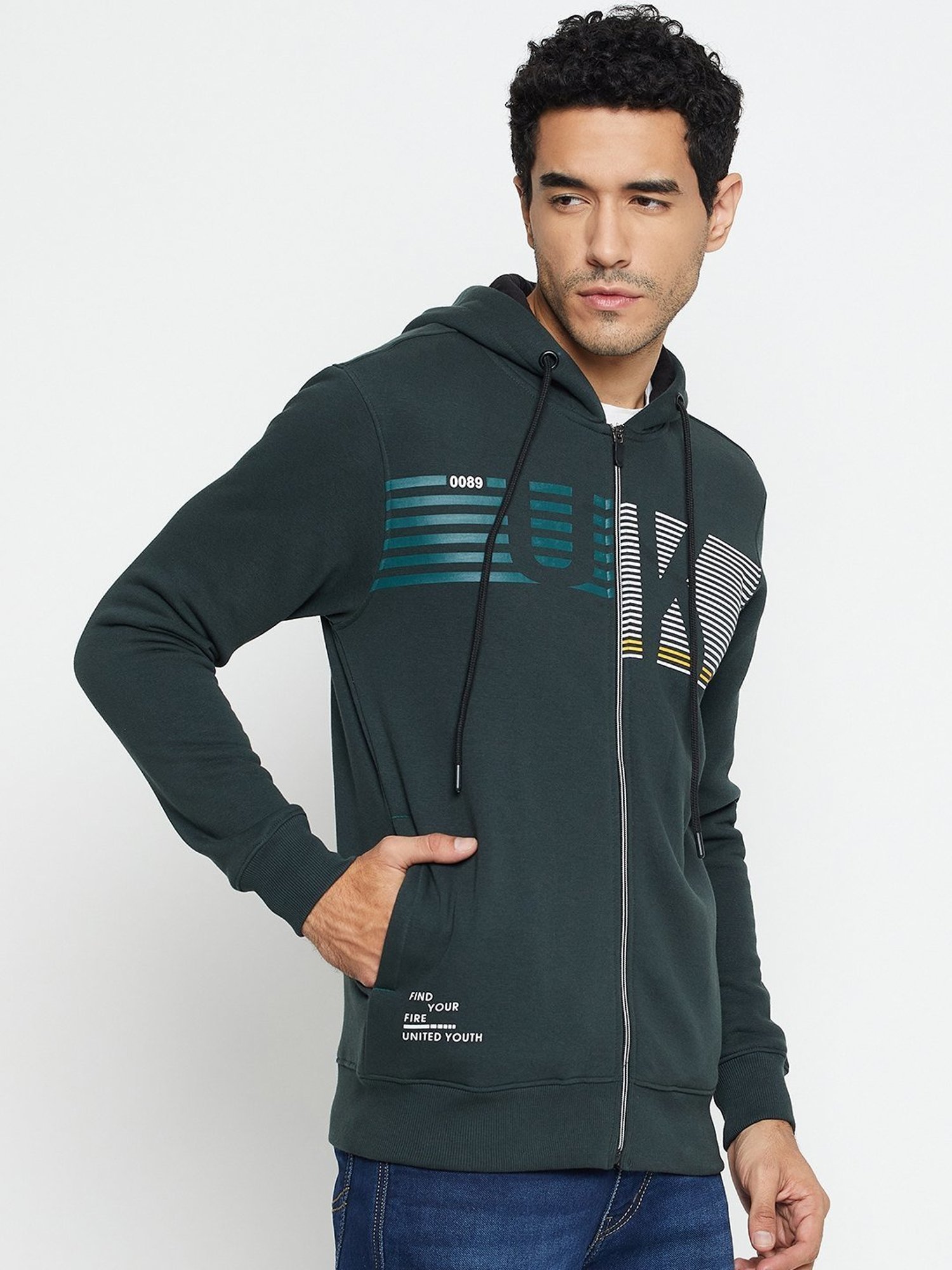 Cantabil Bottle Green Regular Fit Printed Hooded Jacket