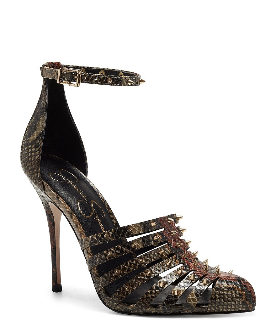 Jessica Simpson Westah Snake Print Studded Ankle Strap Pumps