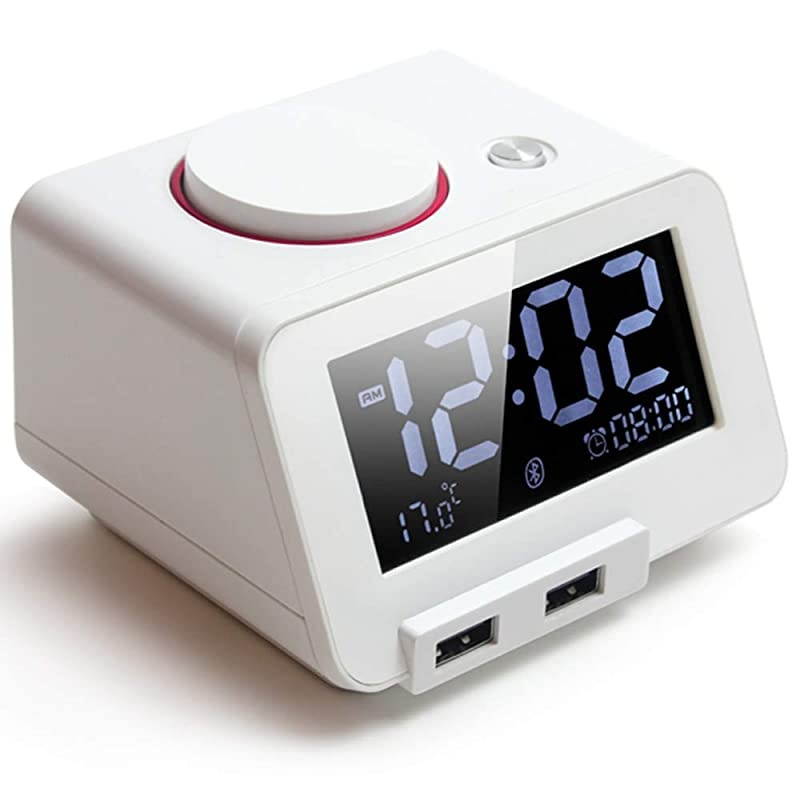 Upgraded Version]  Alarm Clock for Bedrooms with Bluetooth Speaker, 2-Port Universal USB Charger, Large 4 Level Dimmable LCD Screen, Snooze &ndash; White
