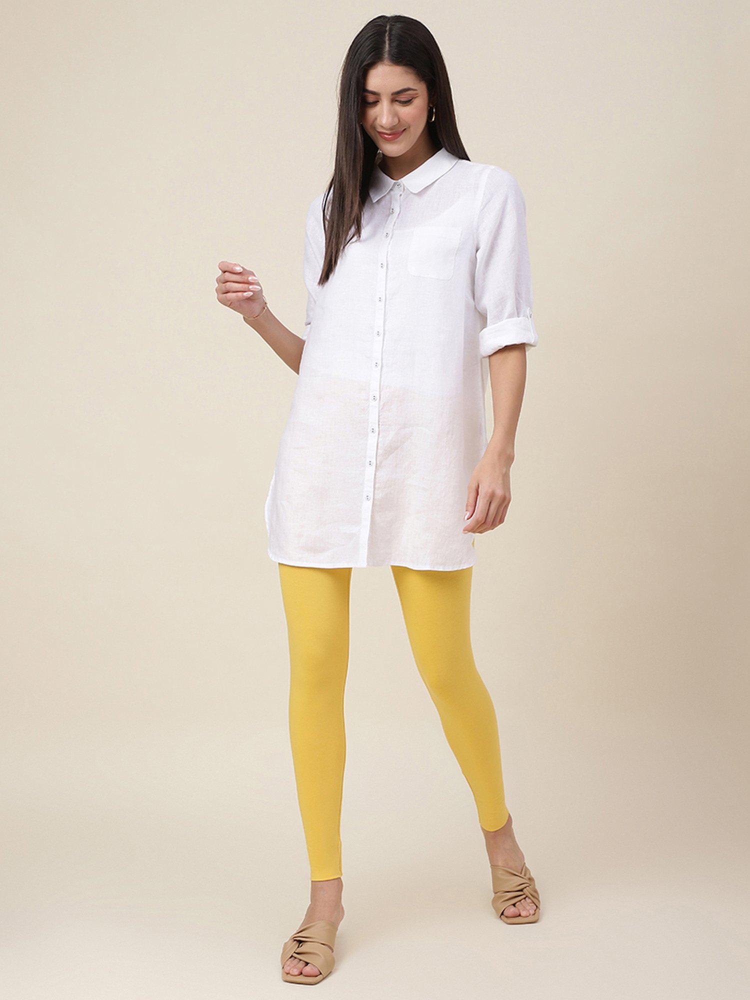 Fabindia Yellow Mid Rise Leggings