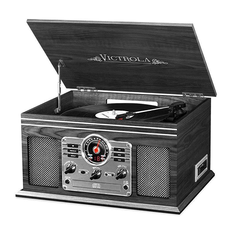 Nostalgic Classic Wood 6in1 Bluetooth Turntable Entertainment Center Graphite VTA200B GH