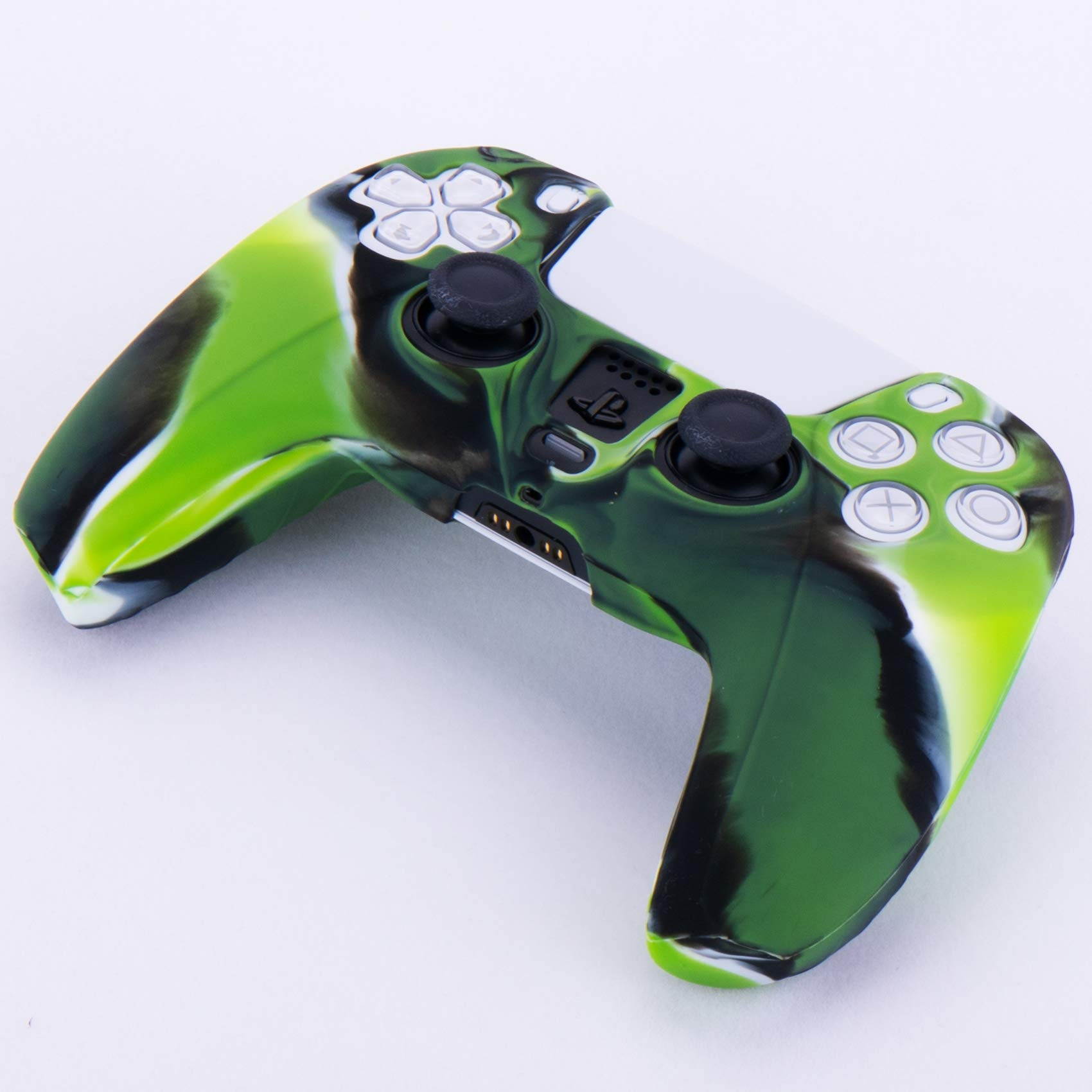 Silicone Cover Skin Case for Sony PS5 Dualsense Controller x 1(Camouflage Green) with Thumb Grips x 10