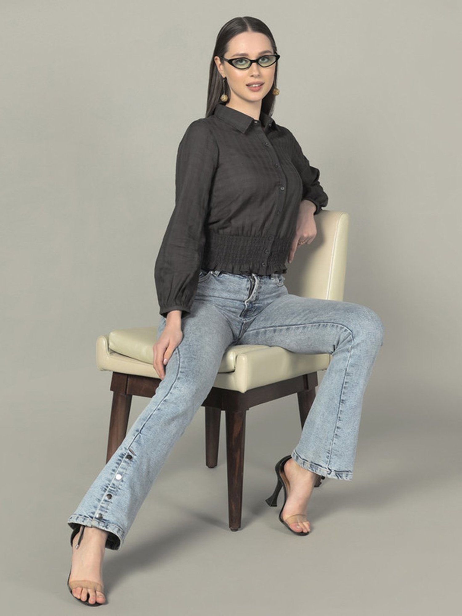 SELVIA Dark Grey Cotton Regular Fit Cropped Shirt