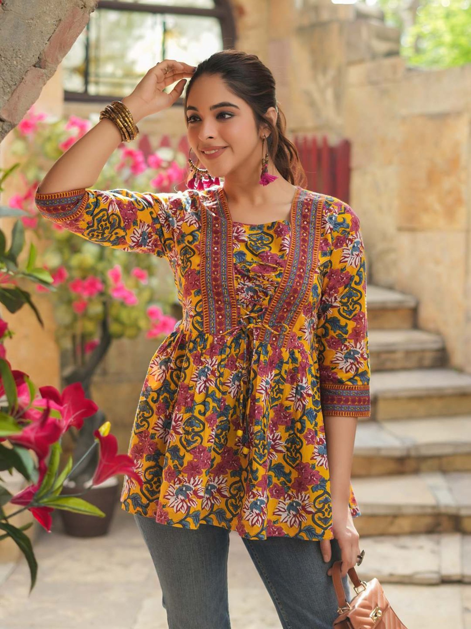 Rain and Rainbow Mustard Cotton Floral Print Top