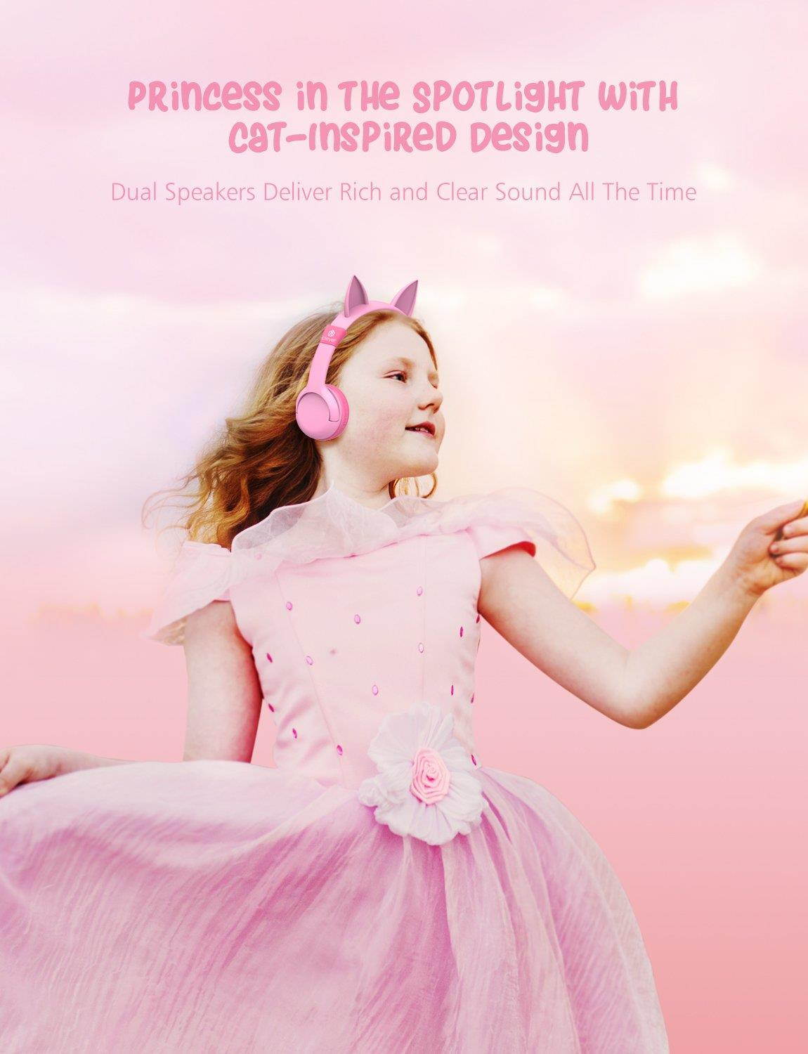 iClever Kids Headphones Girls - Cat-Inspired Wired On-Ear Headphones for Kids, 85dB Volume Limiting, Food Grade Silicone, Lightweight, 3.5mm Jack - Comfortable Children Headphones for Kids, Pink