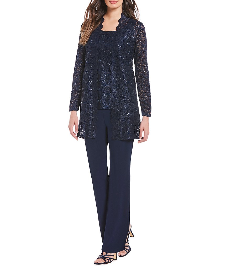 R & M Richards 3-Piece Sequin Glitter Scallop Lace Duster Pant Set