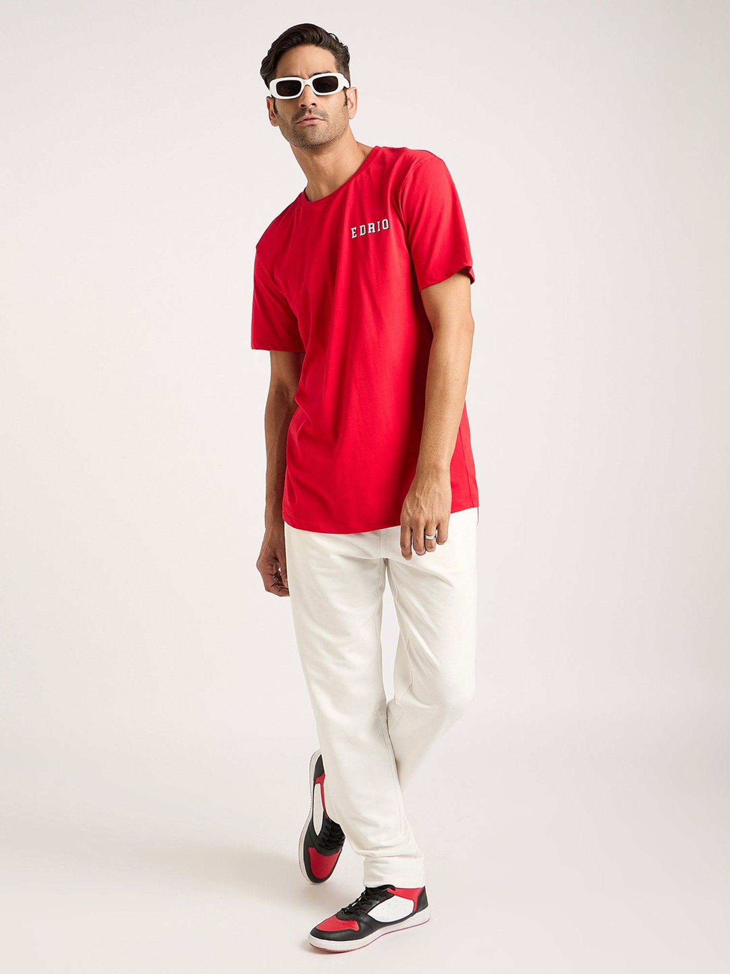 EDRIO Red Regular Fit Printed Crew T-Shirt